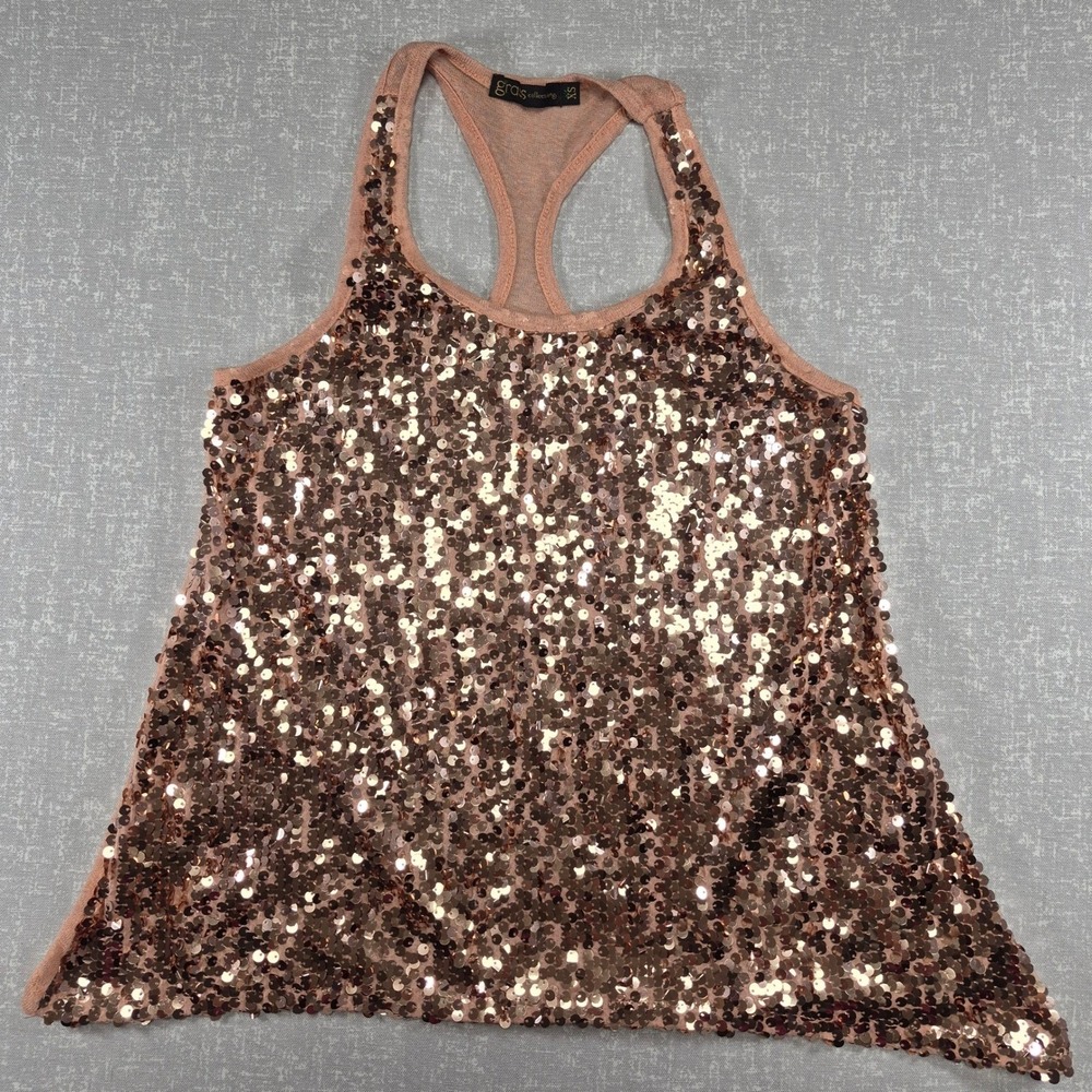 Grass Collection Rose Gold Sequin Racerback Tank Top Peach XS Party Sparkle